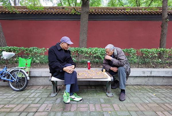 2021年10月14日,重阳节,景山公园红墙黄瓦下,老人在下象棋.