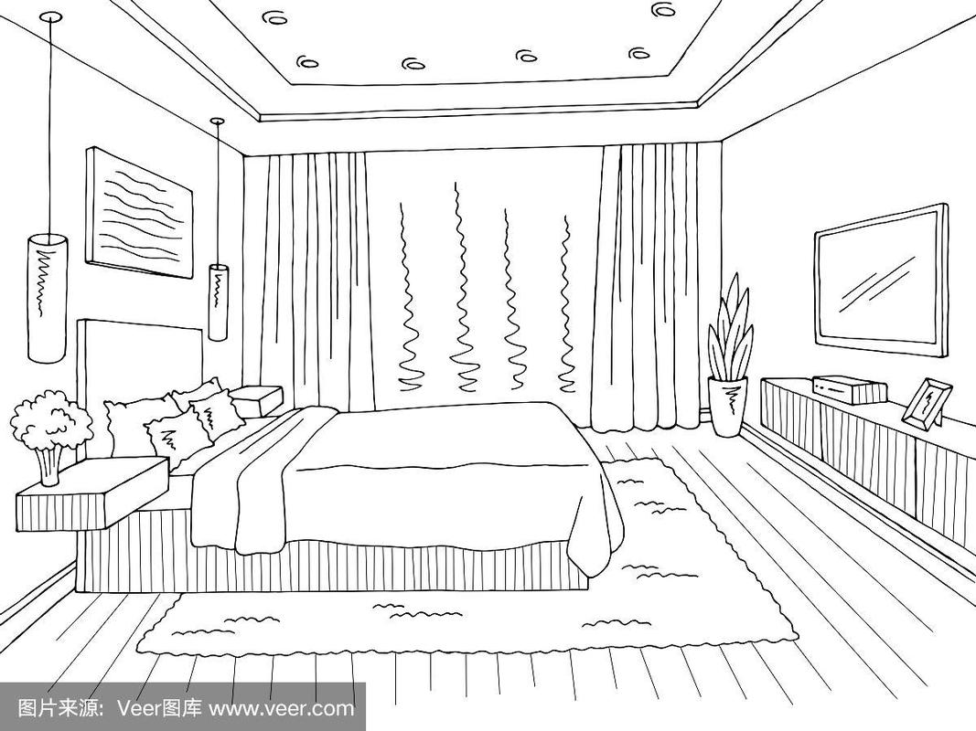 bedroom graphic black white home interior sketch illustration