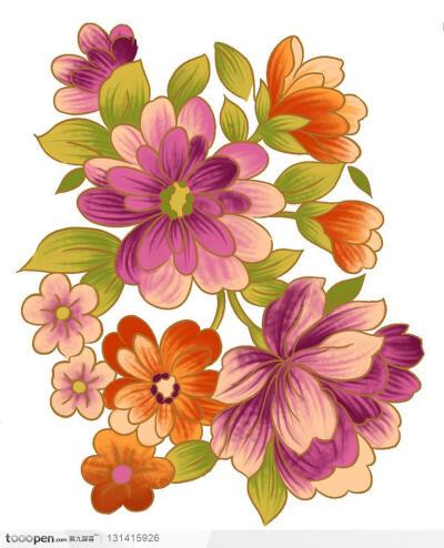 手绘彩色紫红色和橘色两色花朵花纹