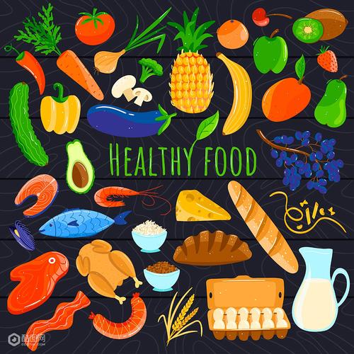 蔬菜水果肉类健康鱼虾食材食物 扁平风格插画