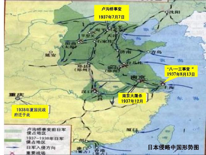 南京大屠杀 1937年12月 1938年夏国民政 府迁于此 日本侵略中国形势图