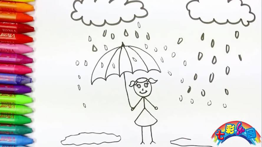 创意绘画_雨天小女孩撑着漂亮的七彩雨伞_亲子互动益智绘画涂色