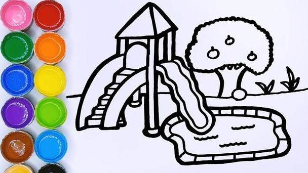 游乐园简笔画彩色完整儿童画游乐场图画彩铅绘:游乐场儿童乐园简笔画