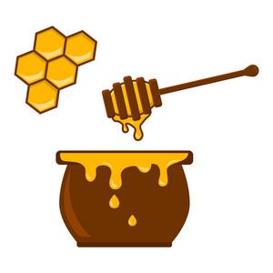 蜂蜜罐, 勺子和蜂窝.矢量插图照片