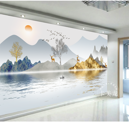 卡美龙 电视背景墙壁画新中式山水画线纹鹿8d水晶立体壁纸3d现代客厅