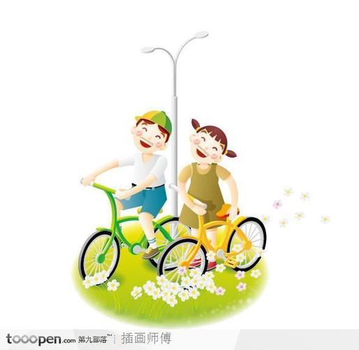 快乐儿童插画-一起骑自行车回家的男孩女孩