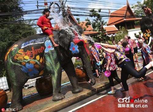 泰国泼水节游客与大象激烈打水仗(组图)