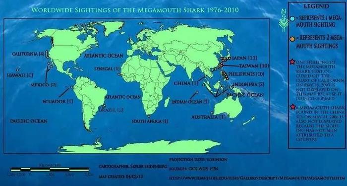 遍布世界各地的巨口鲨目击地点