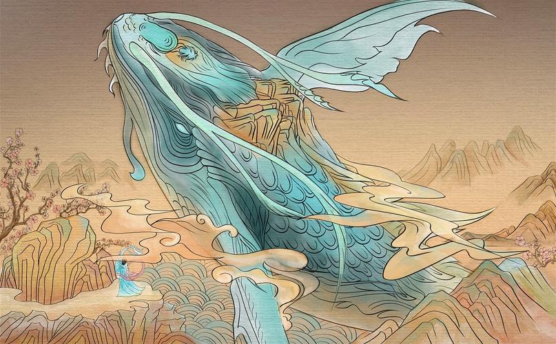 "鲲,传说中的大鱼,生活在北边幽深的大海--北冥.版权昆明/插画师/1