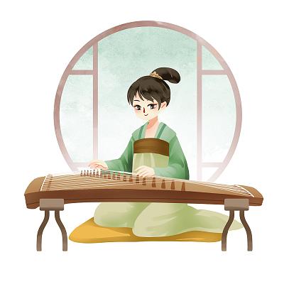 卡通手绘古风人物弹奏古筝的女子人物素材音乐元素