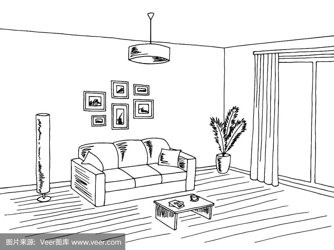 客厅室内黑白图形艺术素描插画矢量