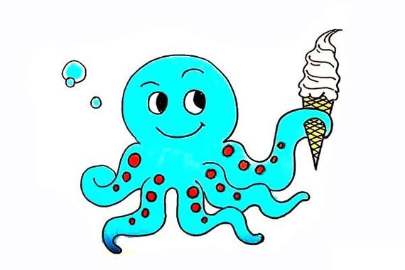 拿着冰激凌的可爱章鱼简笔画彩色画法步骤图教程,图片,简笔画-学笔画