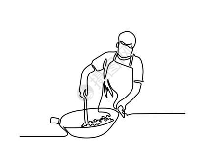 餐厅,厨房一张连续的厨师线图在厨房准备食物插画