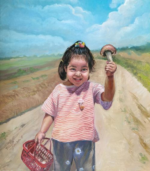 《采蘑菇的小姑娘》油画 40x50cm  郑卫萍