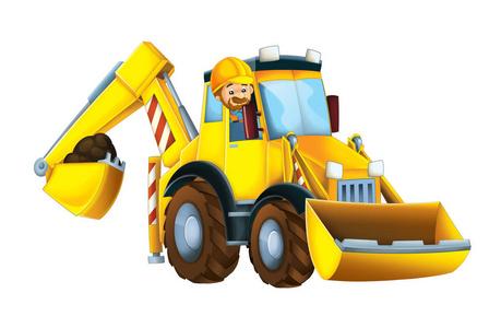 动漫表情符号汽车修理工动画片场面与工作者在挖掘机-在白色背景-孩子