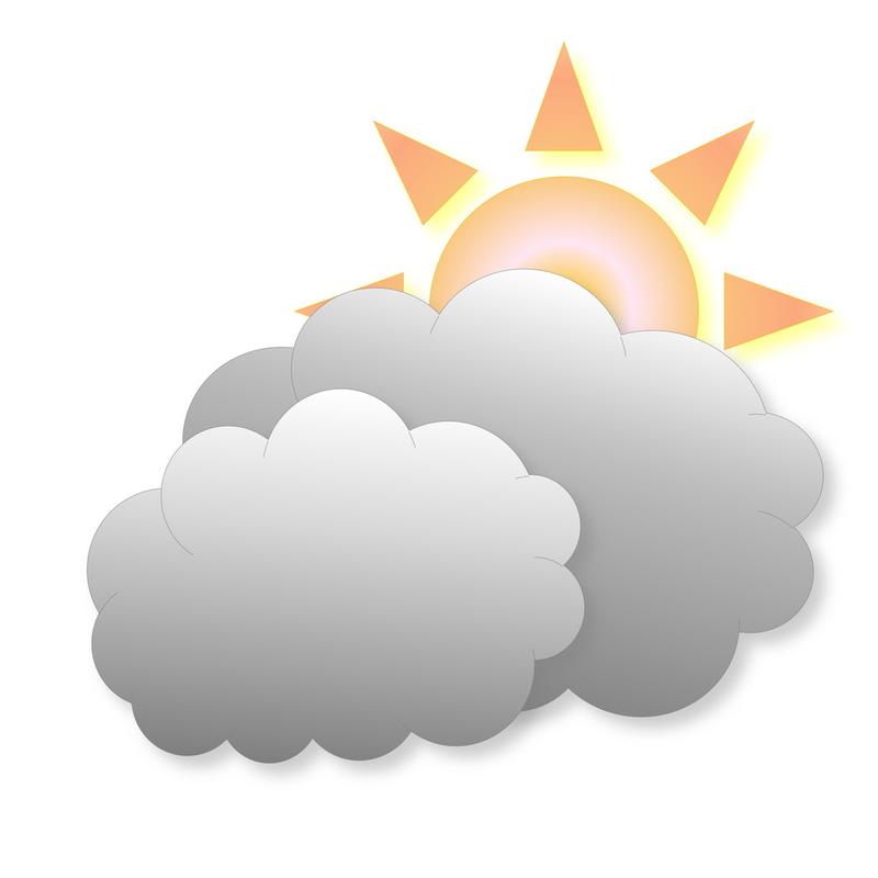 多云的天气图标,两个灰色的云层和太阳作为白色背景中的天气图标