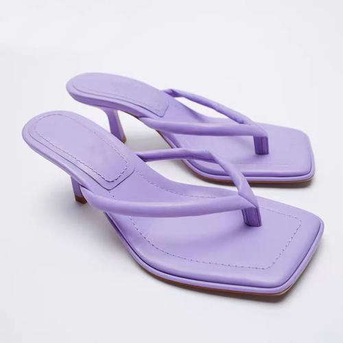 夏季清仓价新款 女鞋 紫色方头细带高跟羊皮革凉鞋一件代发