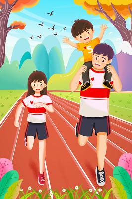 彩色卡通手绘亲子运动会跑步一家人原创插画海报