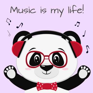 熊猫是一个音乐家在红色耳机, 眼镜和弓领带与举起的爪子, 在样式动画