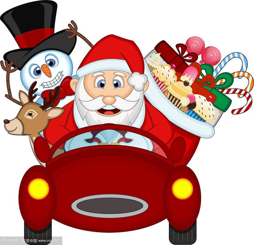 圣诞老人开着一辆红色的车和驯鹿在一起