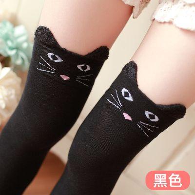 黑色猫咪春秋季卡通熊猫立体耳朵过膝袜可爱日系高筒袜子猫咪黑色长筒