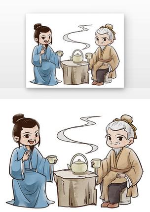 卡通古代人物喝茶 psd