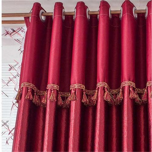 缎布丝滑遮光窗帘成品卧室客厅布艺酒红色花边款5米宽27米高挂钩1片