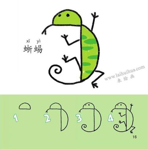 蜥蜴幼儿简笔画法步骤分解图示彩色动物简笔画:蜥蜴