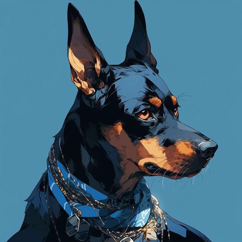 蓝色风暴97戴眼镜的杜宾犬头像插画 杜宾真的好飒哇,不愧是警犬.