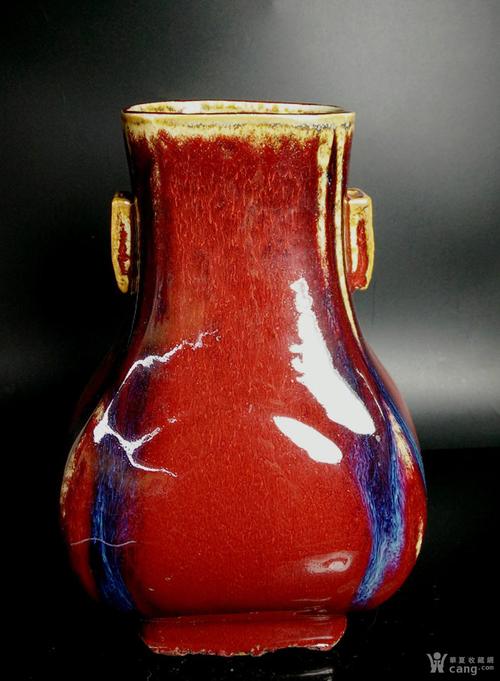 清代雍正年制款 钧红釉窑变贯耳四方花瓶 旧藏单色釉郎红尊瓶