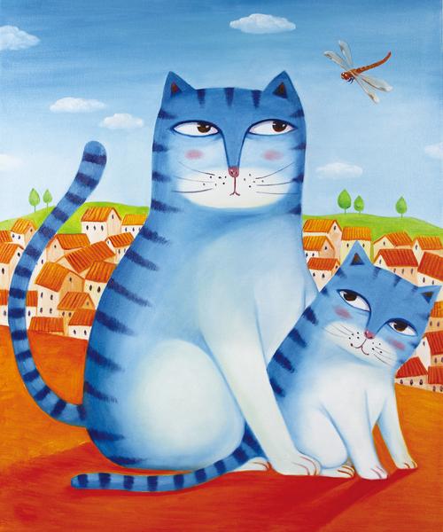 油画动物插画系列- 屋顶蓝猫