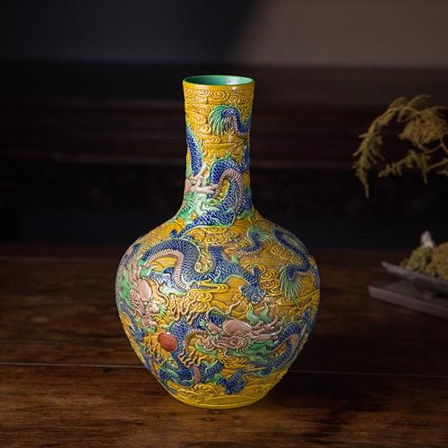 清代三彩龙纹长颈瓶老物件文玩古董瓷器艺术品艺术摆件