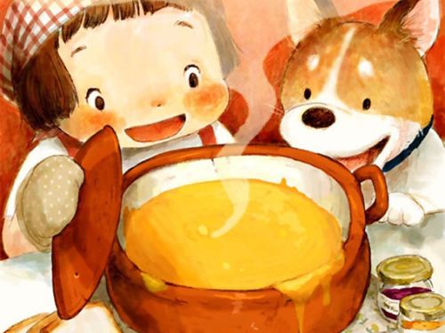 吃货小女孩和小狗看着锅里的热汤流口水手机壁纸