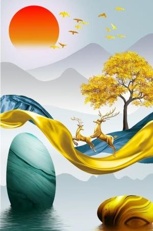 金色麋鹿山水艺术晶瓷画图片9626x3543psd模版下载