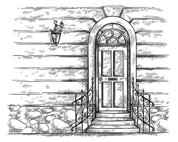 素描手绘旧木门与门廊和栏杆向量