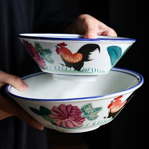 特价味千拉面碗 陶瓷_复古彩绘公鸡碗陶瓷家用汤碗大容量味千拉面碗