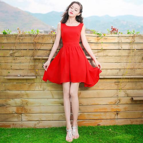 828新款夏季新品女装红色短裙子无袖雪纺连衣裙波西米亚沙滩裙海边