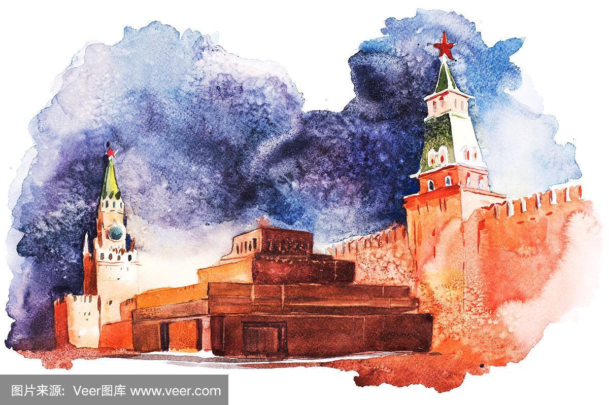 俄罗斯,水彩画,列宁墓,红场,莫斯科