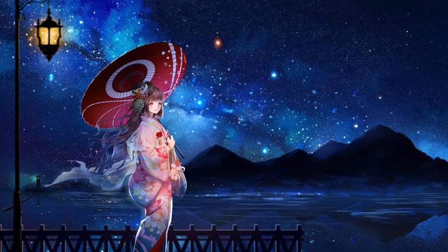 夜晚星空天空星星少女和服日本服装唯美4k高清动漫壁纸图网