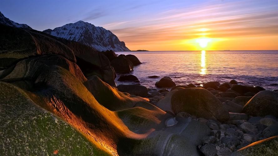海岸夕阳,大海,太阳,山,岩石 桌布 - 1600x900