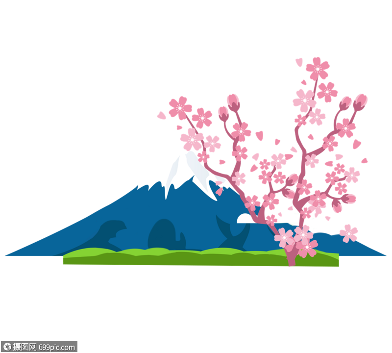 富士山和樱花手绘插图