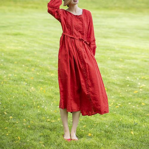 2022春装新款红色亚麻连衣裙女装高端文艺气质减龄收腰棉麻长裙子