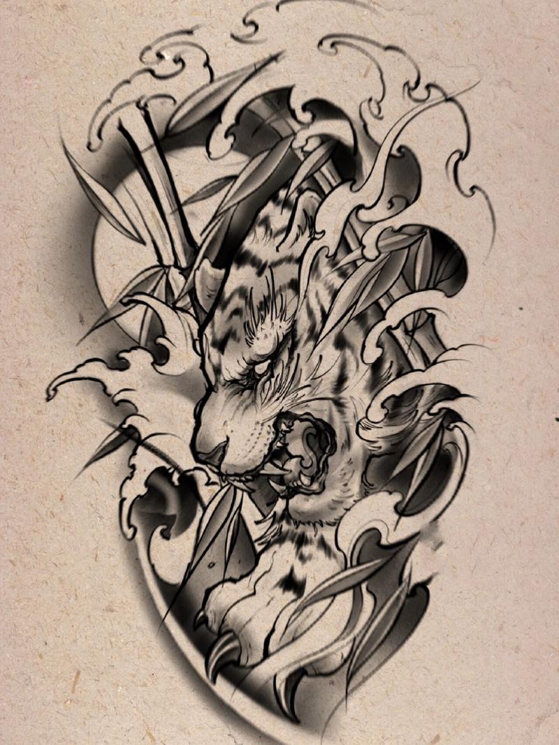 传统纹身手稿手绘——虎(付过程图) 【风格】新传统黑灰 【元素】老虎