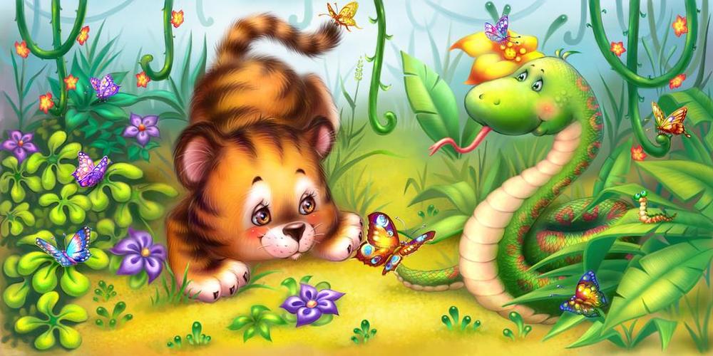 小老虎和小蛇,儿童小老虎和小蛇在丛林中的插图