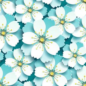 白色樱花壁纸美丽的现代蓝色背景无缝图案与装饰白色3d樱花花日本樱花