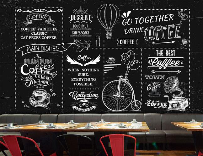 咖啡厅主题背景装修壁纸个性手绘仿黑板墙纸西餐厅甜品店大型壁画