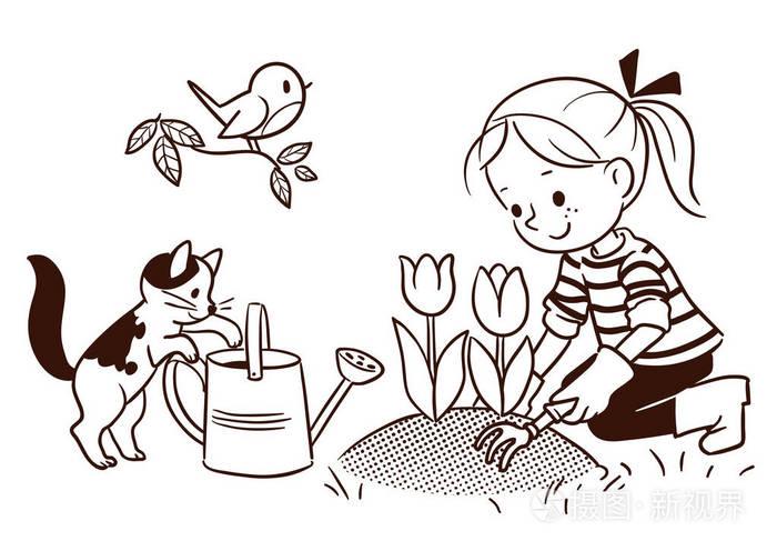 一个小女孩在春天园艺的线漫画