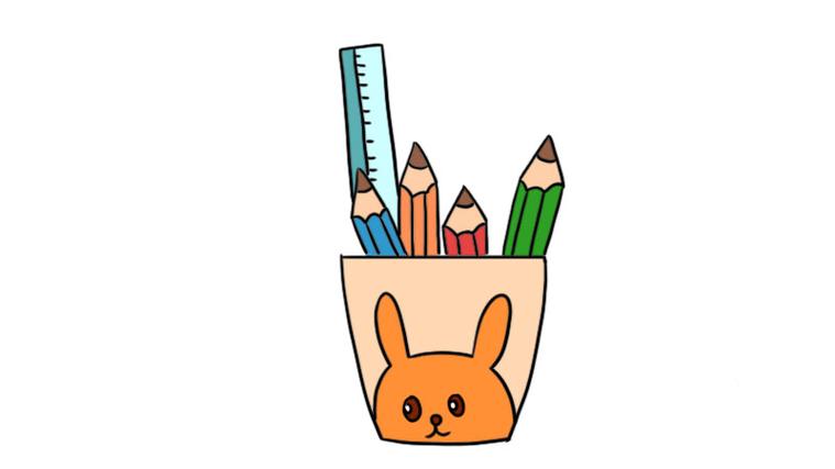 1,首先画出笔筒的轮廓,接着画出笔筒上面的兔子图案.