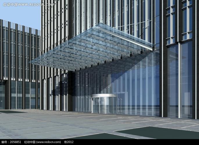 建筑效果图—银色的大楼大门外观psd素材