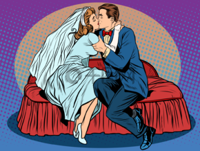 新娘和新郎亲吻波普艺术复古风格男人和女人在婚礼上爱的情侣新郎和